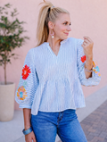 Blue Stripe Floral Embroidered Puff Sleeve Top (30-day rental)