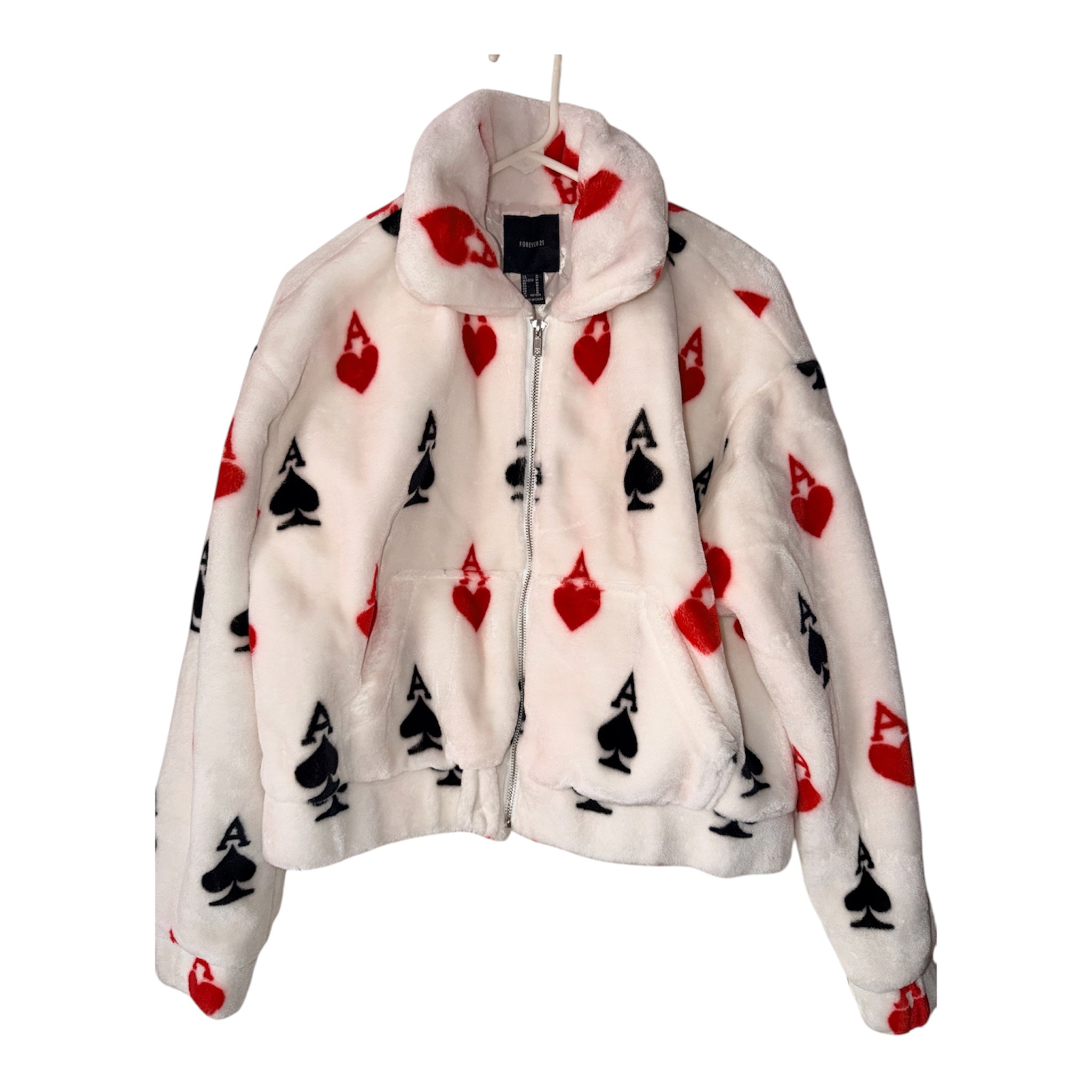 faux fur jacket with bold, all-over red and black card suits (30-day rental)