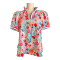 Umgee bright floral print top high collar, split V-neckline, and contrasting stripe trim (30-day rental)