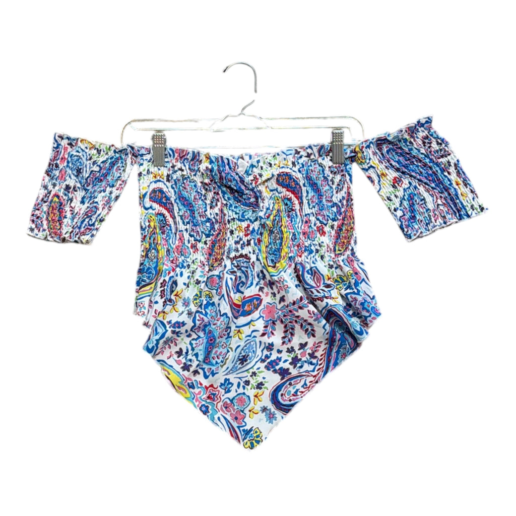 off-the-shoulder smocked, paisley and floral pattern with short sleeves and a handkerchief hem