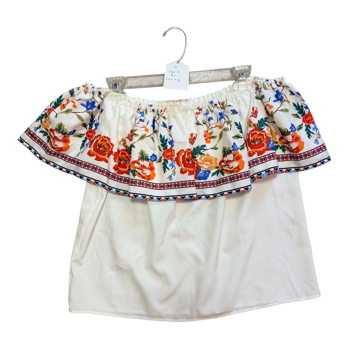White off-the-shoulder top featuring a geometric patterned ruffle border
