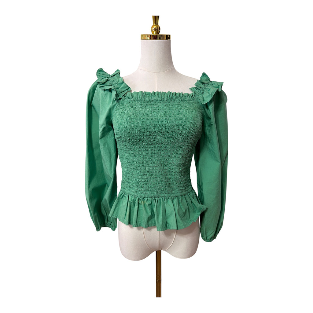 The Drop Women's Marisol Long-Sleeve Ruffle Smocked Top, square neckline, smocked bodice, and flared puff sleeves