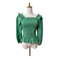 The Drop Women's Marisol Long-Sleeve Ruffle Smocked Top, square neckline, smocked bodice, and flared puff sleeves