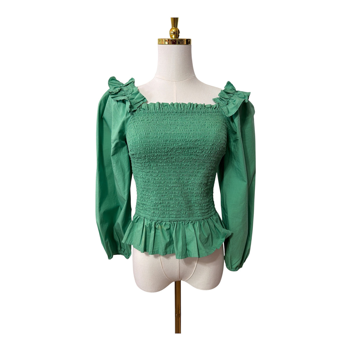 The Drop Women's Marisol Long-Sleeve Ruffle Smocked Top, square neckline, smocked bodice, and flared puff sleeves