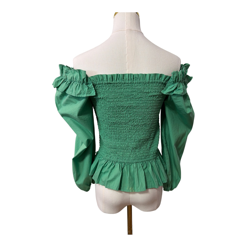 The Drop Women's Marisol Long-Sleeve Ruffle Smocked Top, square neckline, smocked bodice, and flared puff sleeves