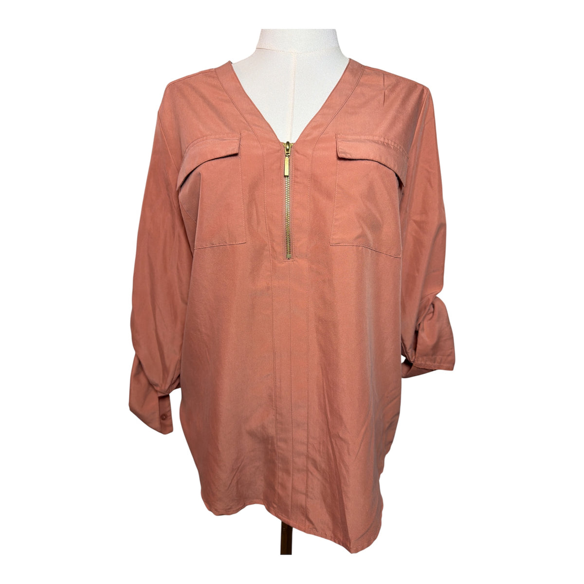 Express V-Neck Zip Pocket Utility Blouse in a dusty rose/terracotta