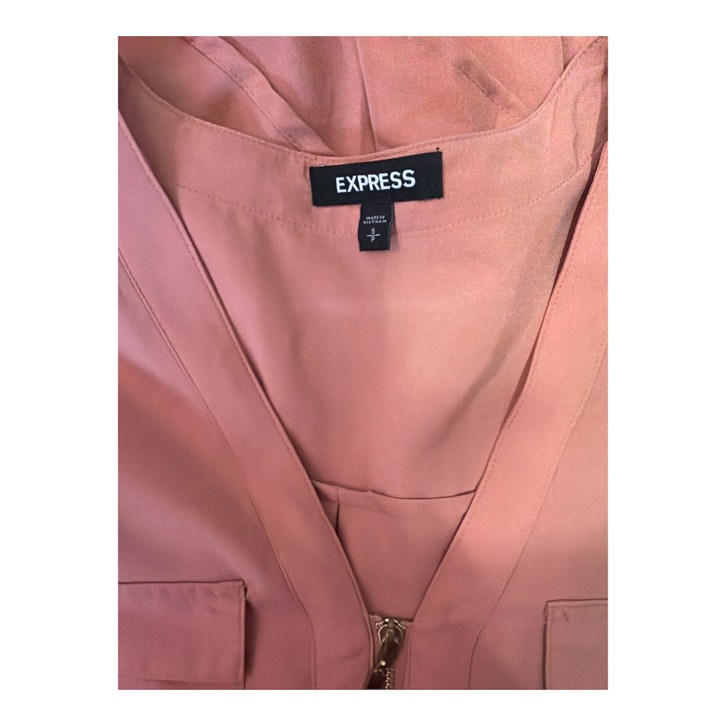 Express V-Neck Zip Pocket Utility Blouse in a dusty rose/terracotta