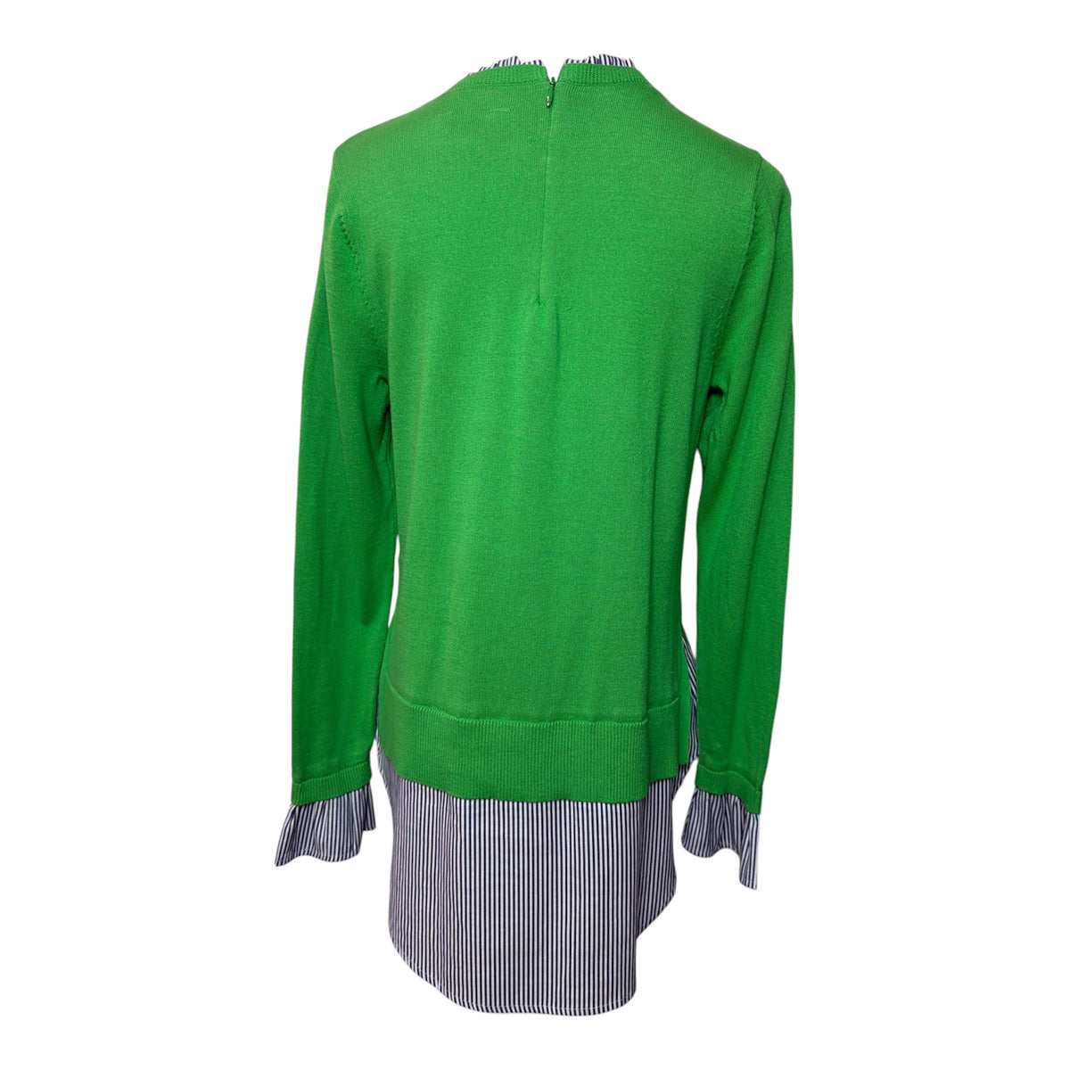 Crown & Ivy green 2-in-1 layered-look crewneck sweater featuring a built-in navy and white striped button-down shirt hem, collar, and matching ruffled cuffs