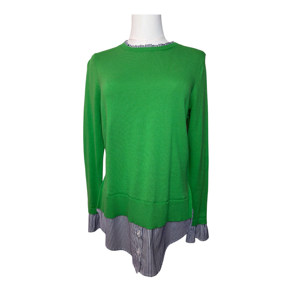 Crown & Ivy green 2-in-1 layered-look crewneck sweater featuring a built-in navy and white striped button-down shirt hem, collar, and matching ruffled cuffs