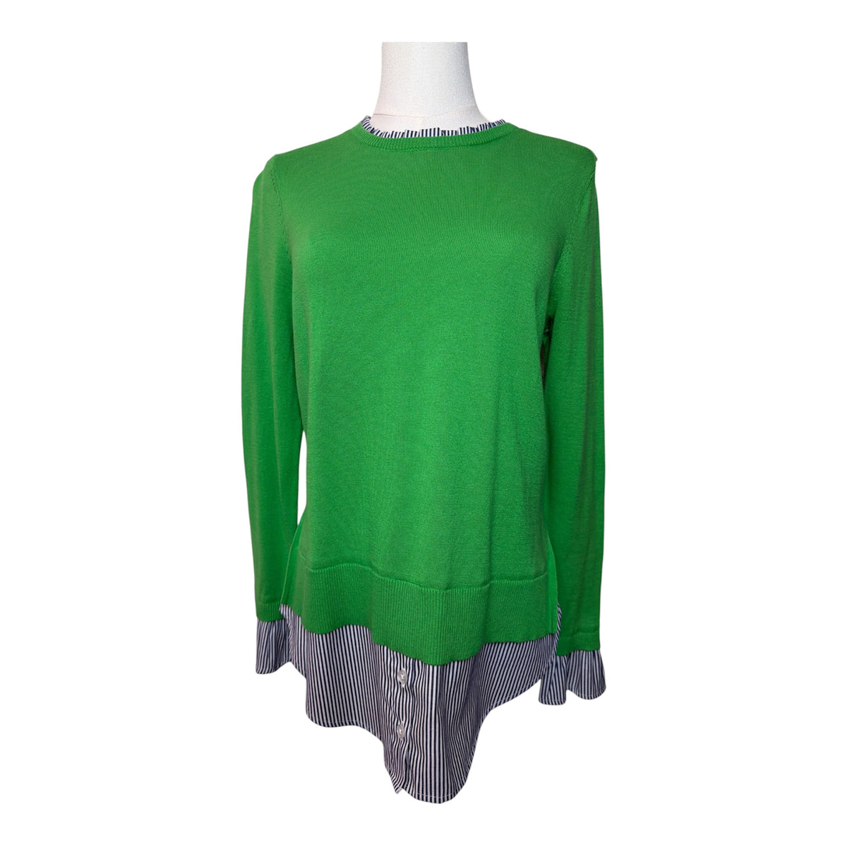 Crown & Ivy green 2-in-1 layered-look crewneck sweater featuring a built-in navy and white striped button-down shirt hem, collar, and matching ruffled cuffs