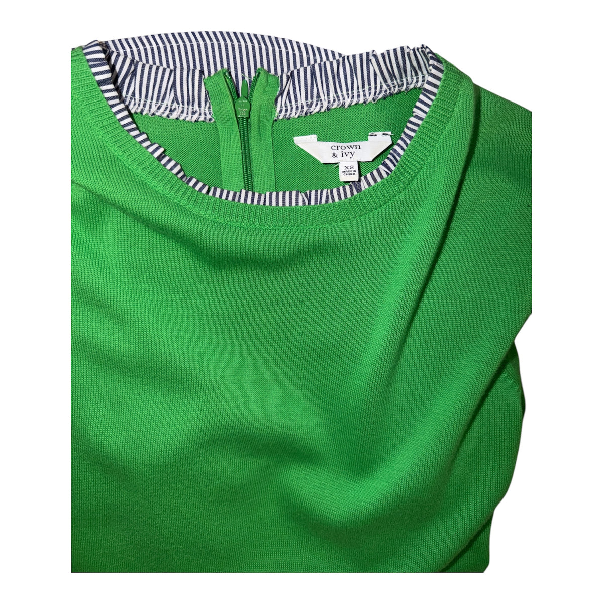 Crown & Ivy green 2-in-1 layered-look crewneck sweater featuring a built-in navy and white striped button-down shirt hem, collar, and matching ruffled cuffs
