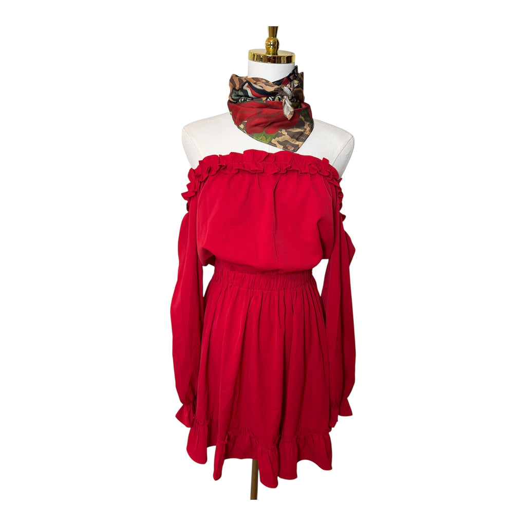On or off-the-shoulder mini dress with an elastic waist, long sleeves with ruffled cuffs, and a ruffled hem line - M