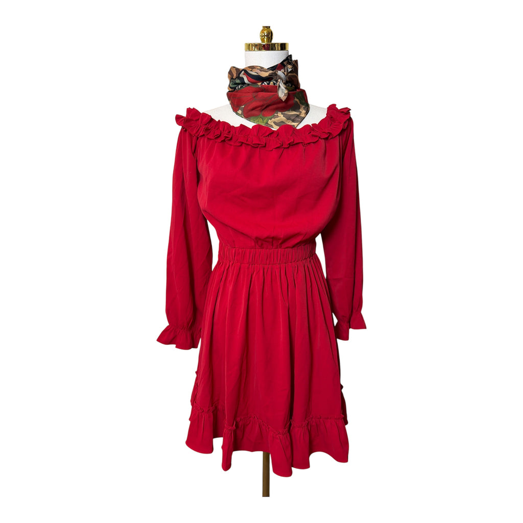On or off-the-shoulder mini dress with an elastic waist, long sleeves with ruffled cuffs, and a ruffled hem line - M