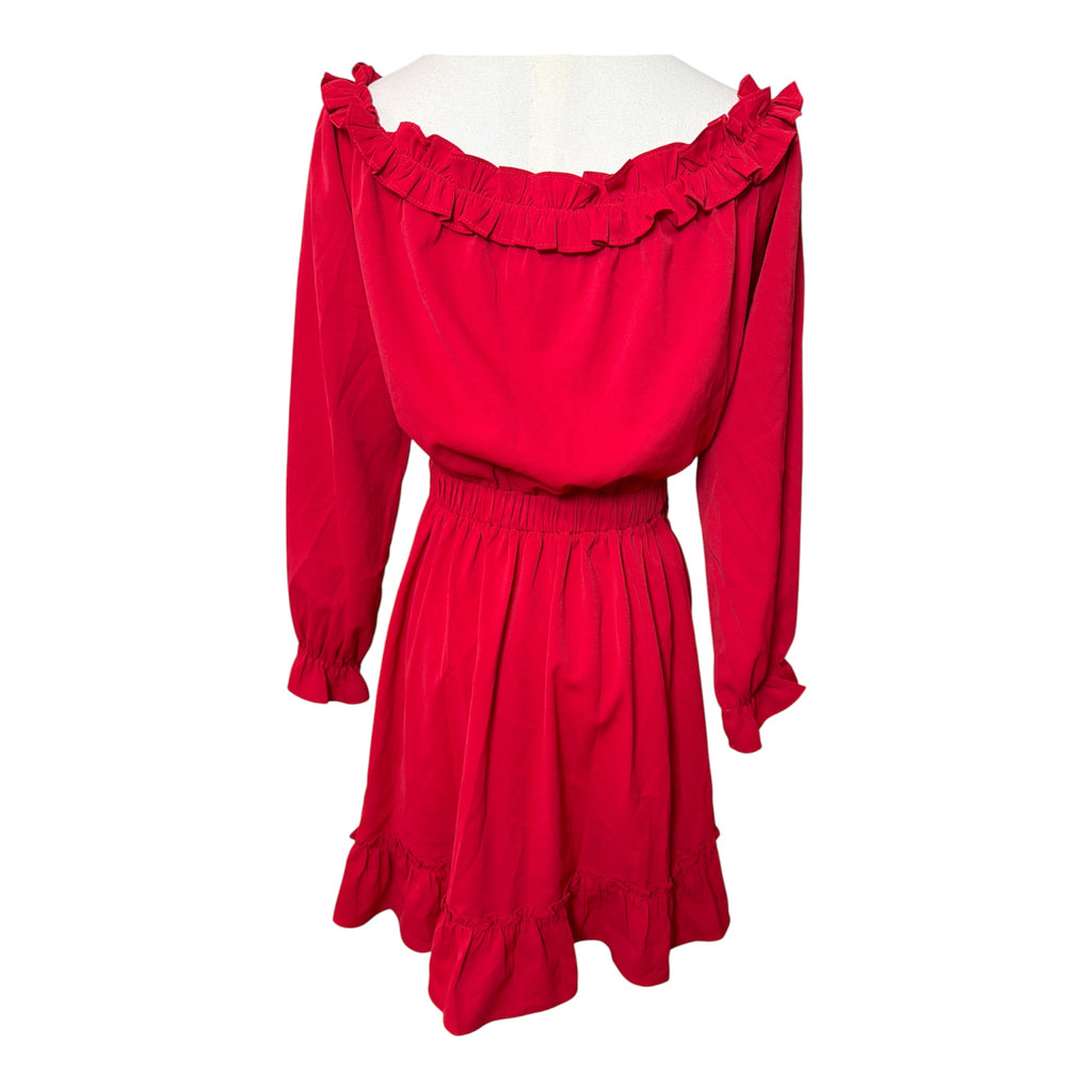 On or off-the-shoulder mini dress with an elastic waist, long sleeves with ruffled cuffs, and a ruffled hem line - M