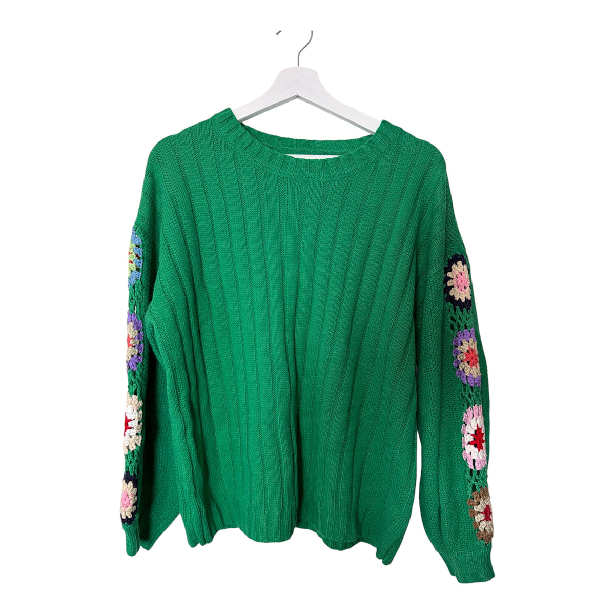 ribbed crewneck sweater featuring crochet sleeves