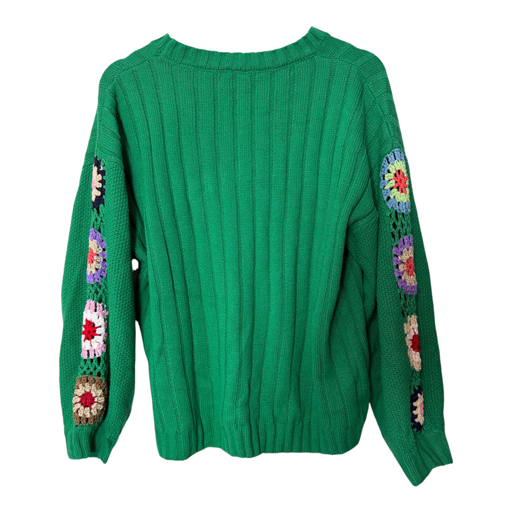 ribbed crewneck sweater featuring crochet sleeves
