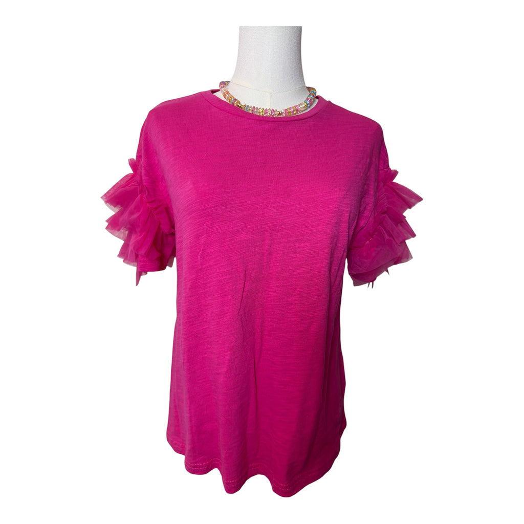 pink short-sleeve top with layered pleated ruffle tulle sleeves