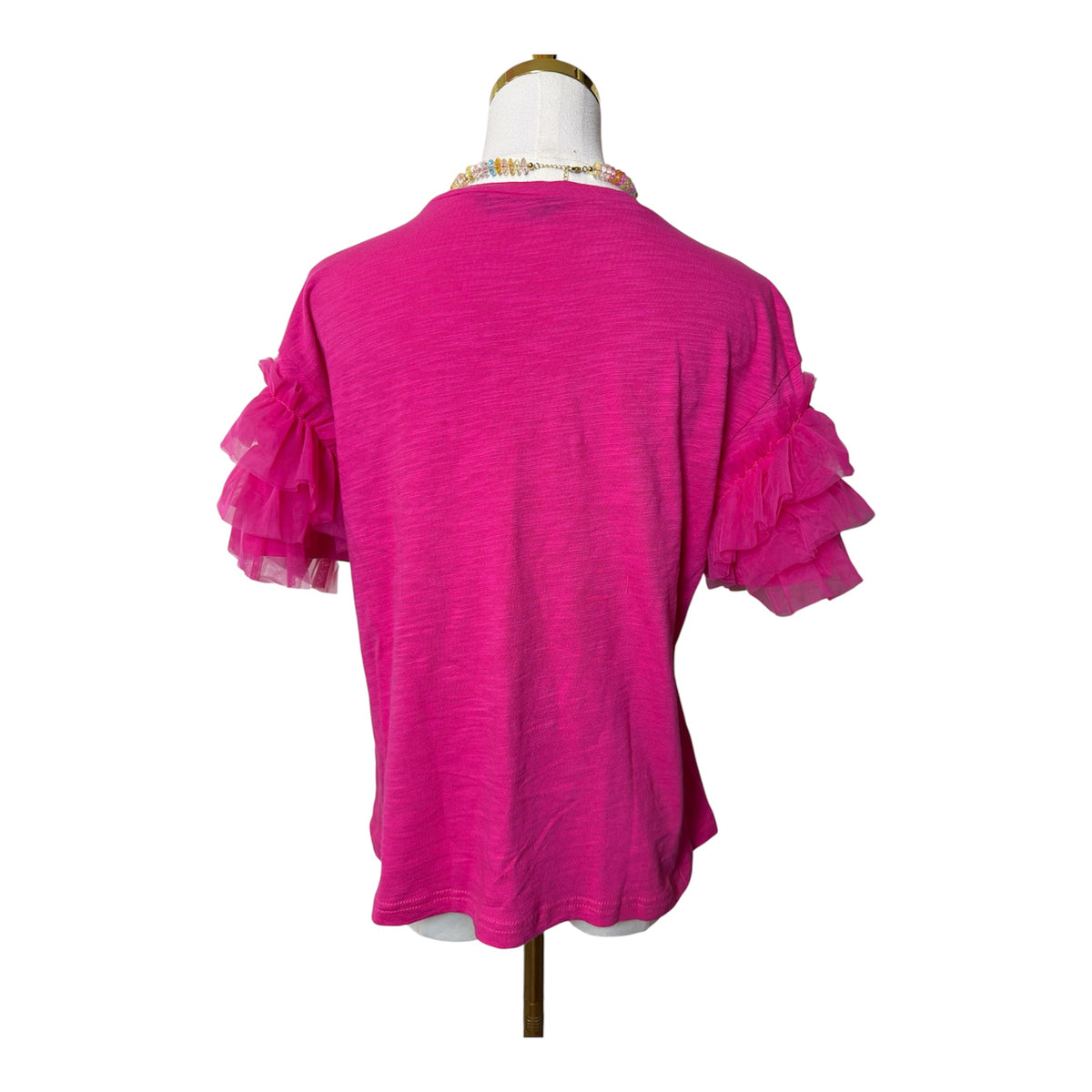 pink short-sleeve top with layered pleated ruffle tulle sleeves