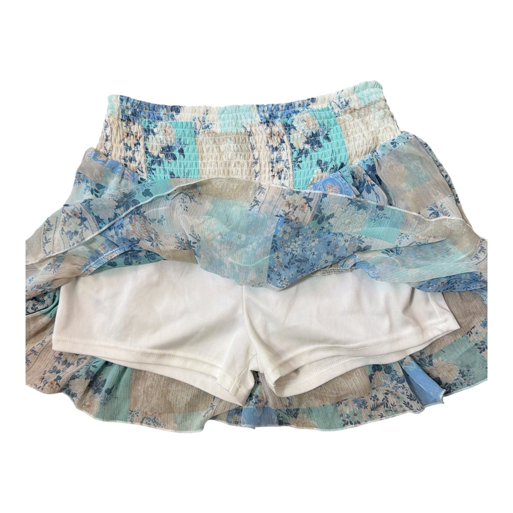 blue floral patchwork smocked double ruffle skort by Madden NYC