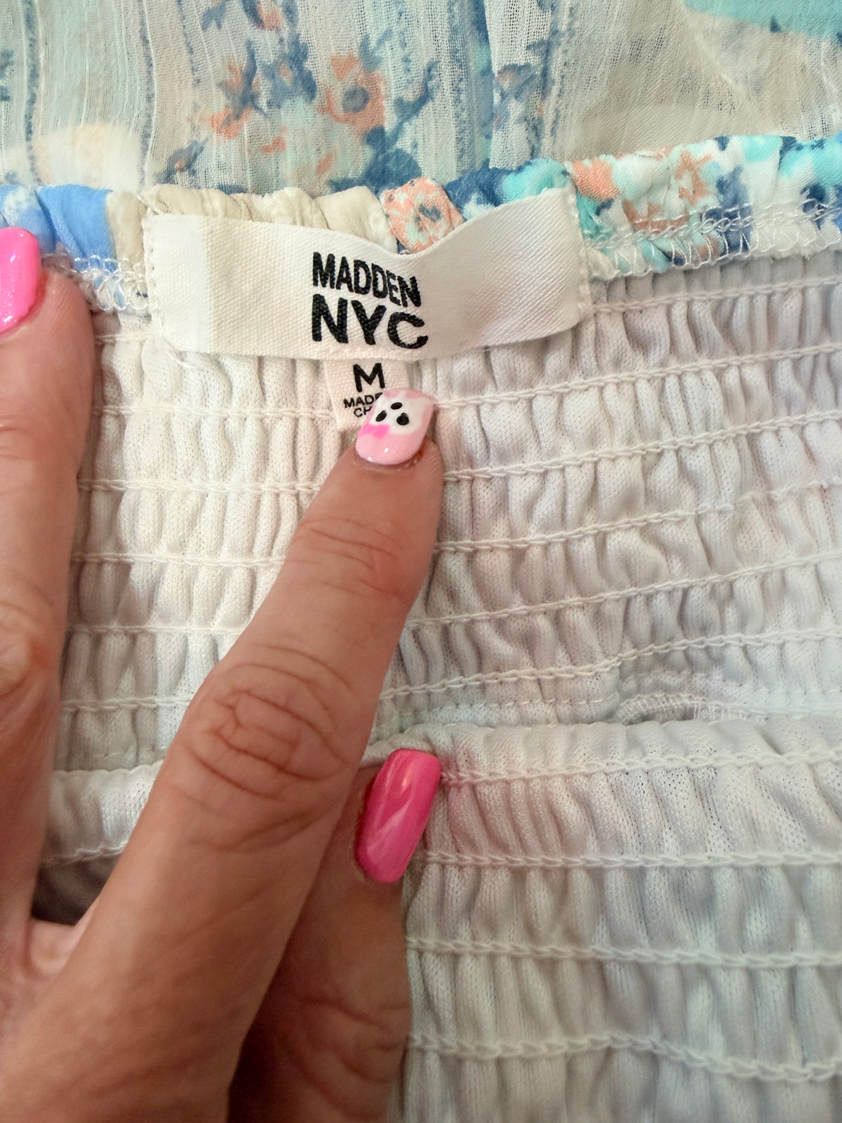 blue floral patchwork smocked double ruffle skort by Madden NYC