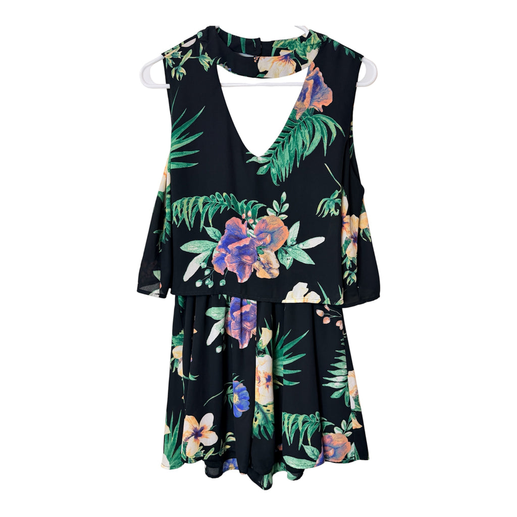 Peach Love California Adorable tropical print romper with semi open back size small